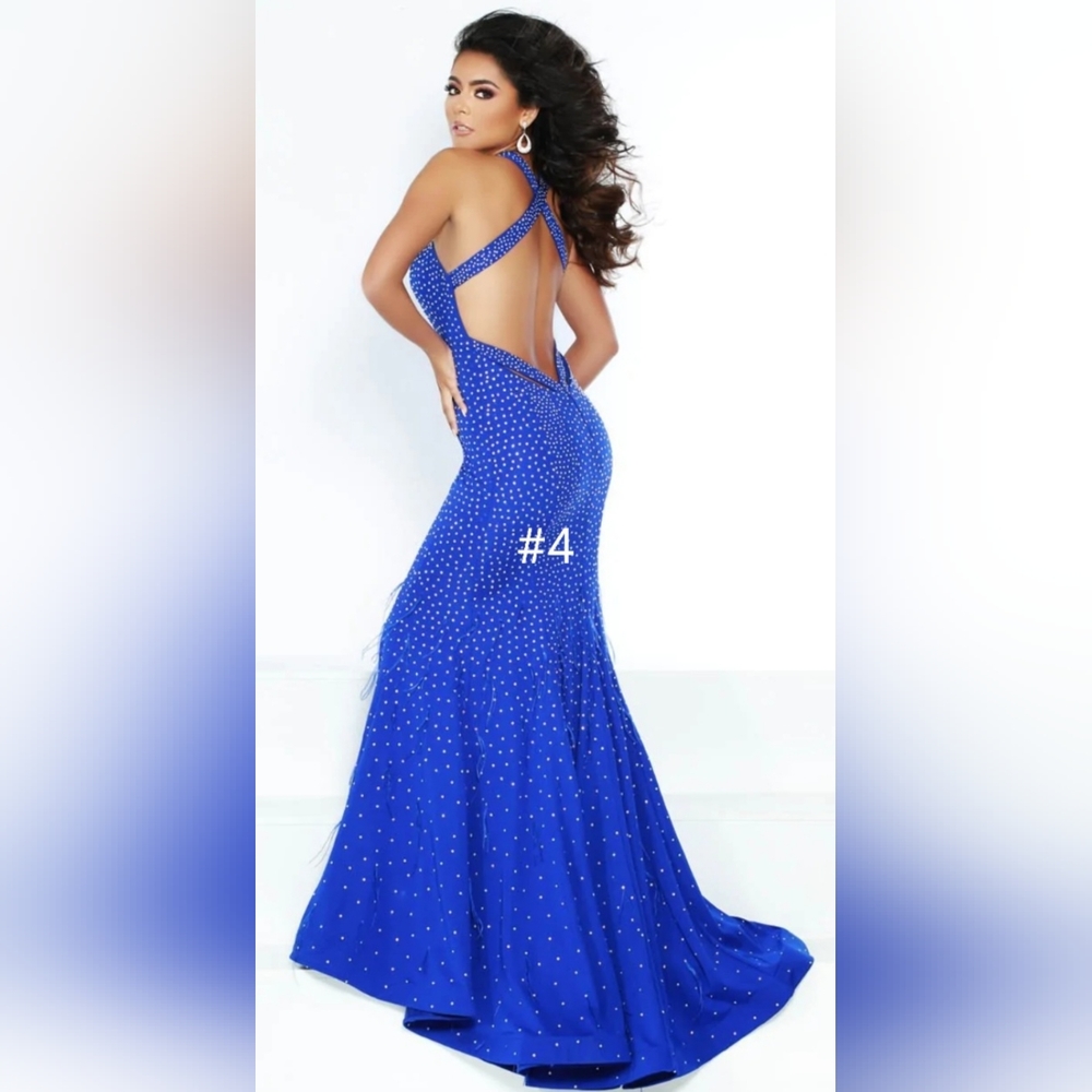Jasz Couture white jersey gown with rhinestones